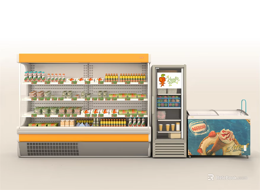 Commercial Display Refrigerators And Freezers For Supermarket With Food Drinks Storage And Cartoon Design 3d model 