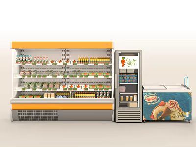 Commercial Display Refrigerators And Freezers For Supermarket With Food Drinks Storage And Cartoon Design 3d model