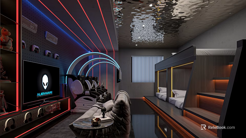 Modern Hi Tech Hotel Room With Neon Lights Reflective Ceiling Gaming Chairs And Bunk Beds 3d model 