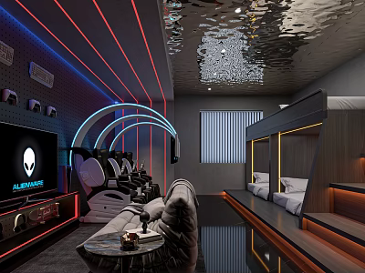 Modern Hi Tech Hotel Room With Neon Lights Reflective Ceiling Gaming Chairs And Bunk Beds 3d model