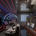 Modern Hi Tech Hotel Room With Neon Lights Reflective Ceiling Gaming Chairs And Bunk Beds