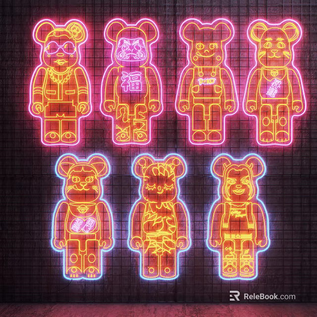 Neon Style Cartoon Bear Shaped Decorative Lights With Multiple Colors And Grid Background 3d model