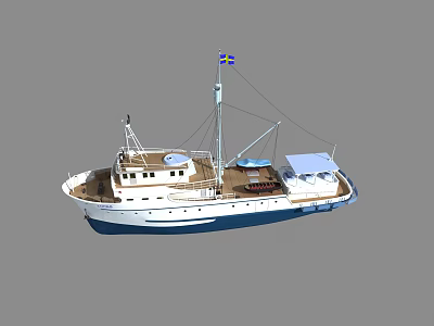 White And Blue Model Ship With Mast Flag And Detailed Deck Design 3d model