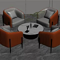 Modern Orange and White Leather Sofa and Round Coffee Table Set with Decorative Plant