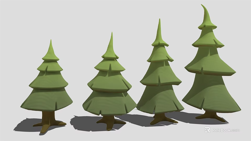 Green Layered Coniferous Trees With Brown Trunks In Row Cartoon Style 3d model 