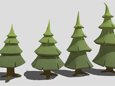 Green Layered Coniferous Trees With Brown Trunks In Row Cartoon Style 3d model