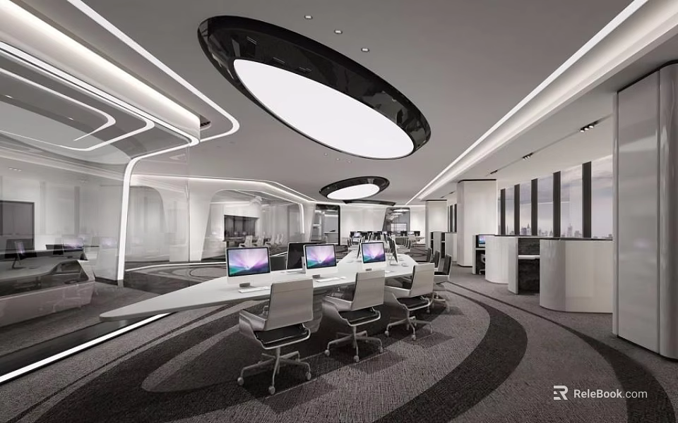 Modern Public Office Space With Long Table Computers Surrounding Chairs And Circular Ceiling Lights 3d model 