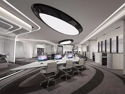 Modern Public Office Space With Long Table Computers Surrounding Chairs And Circular Ceiling Lights 3d model