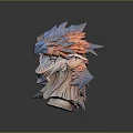 Fantasy Creature Head Sculpture With Vibrant Blue Orange Scales Open Mouth And Sharp Teeth