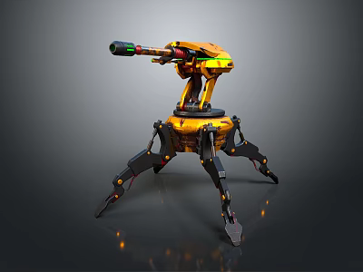 3D Model Yellow Mechanical Weapon Turret With Four Mechanical Legs Cannon And Green Red Sights 3d model