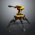 3D Model Yellow Mechanical Weapon Turret With Four Mechanical Legs Cannon And Green Red Sights