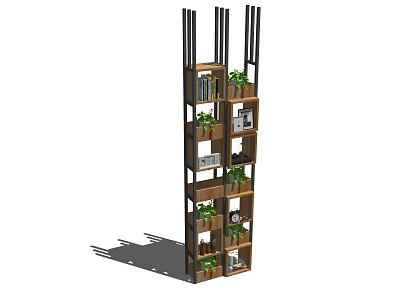 Modern Bookcase With Wooden Shelves Metal Frame And Potted Plants On Shelves 3d model