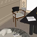 Modern Wooden Dining Chair With Black Backrest White Cushion Near Dark Table And Book On Wooden Floor
