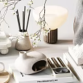 Decorative Ornament Set with White Flower Branches Metal Frame Decor Table Lamp and Vase