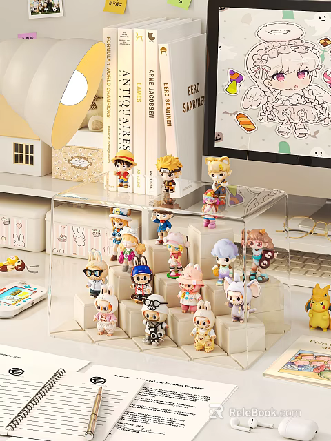 Figurine Display Cabinet With Collectible Action Figures And Cute Characters On Transparent Shelves 3d model 