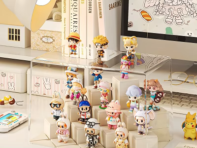 Figurine Display Cabinet With Collectible Action Figures And Cute Characters On Transparent Shelves 3d model