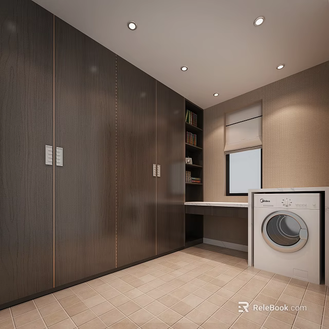 Modern Walk in Closet Interior with Dark Wooden Cabinets and Washing Machine 3d model 