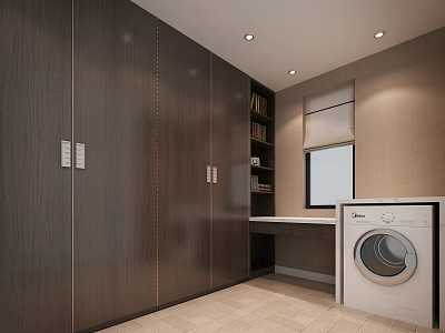 Modern Walk in Closet Interior with Dark Wooden Cabinets and Washing Machine 3d model