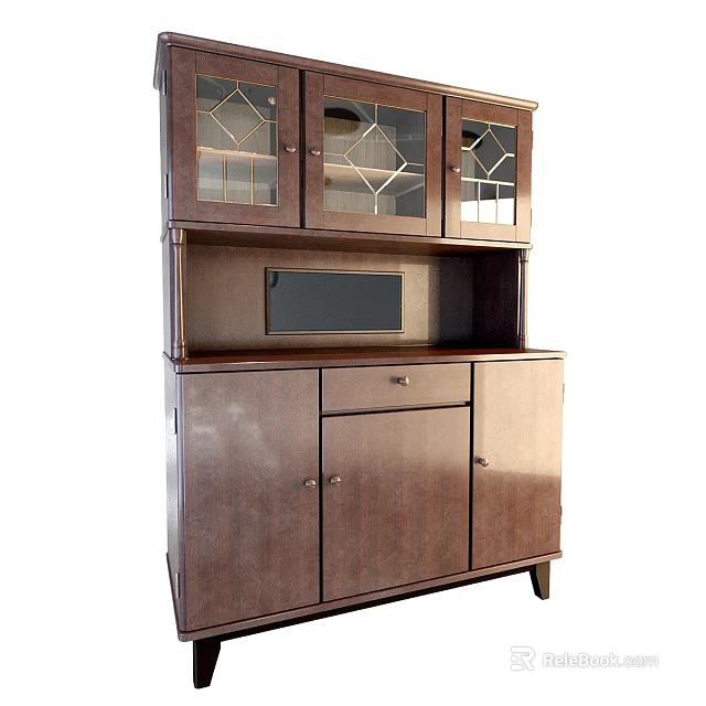 Classic Wooden Storage Cabinet with Glass Doors Upper Section and Lower Drawer Unit 3d model 
