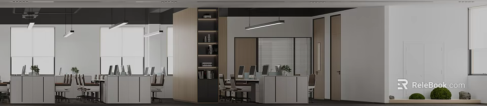 Modern Minimalist Open Plan Office With Ergonomic Workstations Integrated Storage Shelves And Sleek Hanging Lights 3d model 