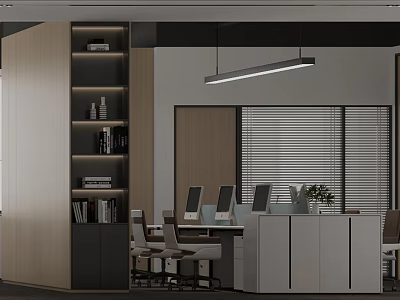 Modern Minimalist Open Plan Office With Ergonomic Workstations Integrated Storage Shelves And Sleek Hanging Lights 3d model