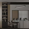 Modern Minimalist Open Plan Office With Ergonomic Workstations Integrated Storage Shelves And Sleek Hanging Lights