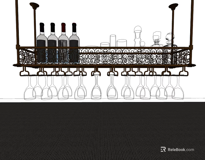 Modern Kitchenware Hanging Rack With Wine Bottles Wine Glasses And Decorative Design 3d model 