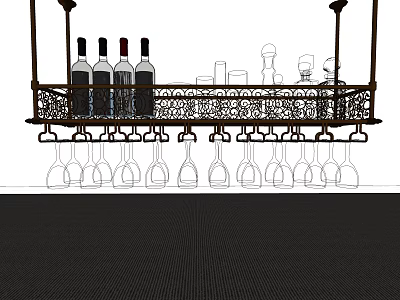 Modern Kitchenware Hanging Rack With Wine Bottles Wine Glasses And Decorative Design 3d model