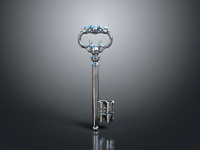 Decorative Silver Key With Ornate Handle And Shiny Metal Finish 3d model