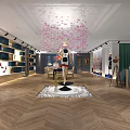 Elegant Shoe Bag Store Interior With Modern Design Wooden Column Display Shelves And Green Plant