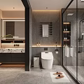 Modern Bathroom Interior With Marble Countertop Smart Toilet And Glass Shower