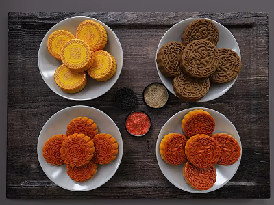 Traditional Assorted Mooncakes on White Plates With Various Fillings and Wooden Tray 3d model