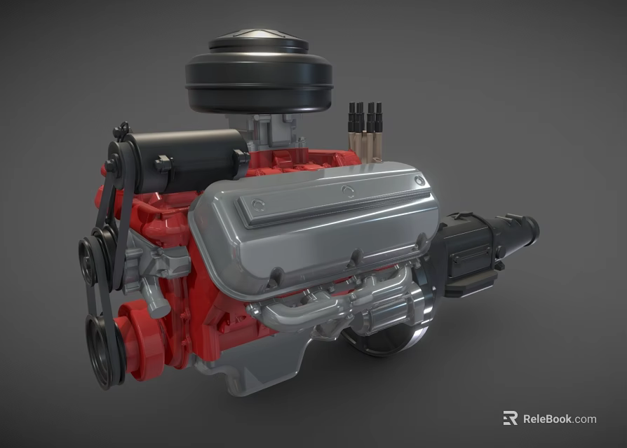 3D Rendered Red And Silver Engine With Black Top Metal Pipes And Connectors 3d model 