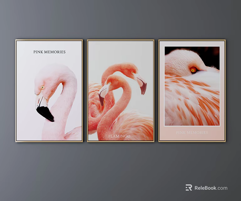 Pink Flamingo Animal Paintings Three Panel Set With Graceful Poses For Home Decor 3d model 