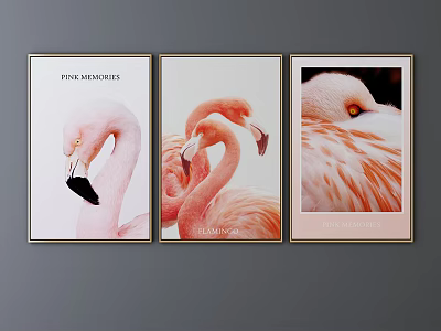 Pink Flamingo Animal Paintings Three Panel Set With Graceful Poses For Home Decor 3d model