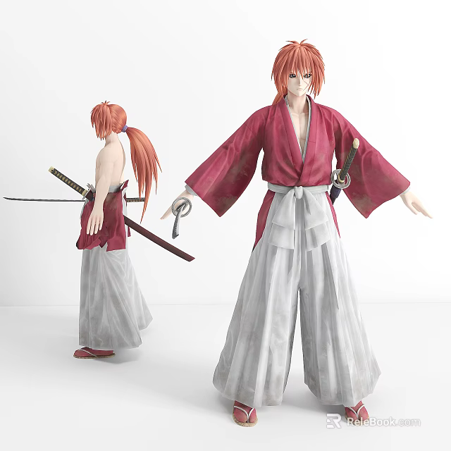 Red Haired Game and Movie Character with Ponytail Red Kimono White Pants and Sword 3d model 