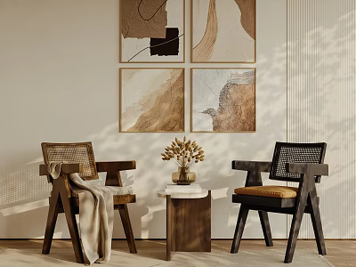 Modern Table and Chair Set with Woven Armchairs Blanket Wall Paintings Natural Light 3d model