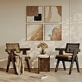 Modern Table and Chair Set with Woven Armchairs Blanket Wall Paintings Natural Light