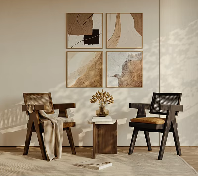 Modern Table and Chair Set with Woven Armchairs Blanket Wall Paintings Natural Light 3d model