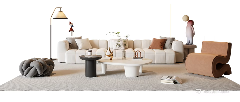 Modern White Sofa With Neutral Cushions And Black White Coffee Tables With Vase Gold Decor 3d model 