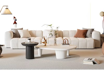 Modern White Sofa With Neutral Cushions And Black White Coffee Tables With Vase Gold Decor 3d model