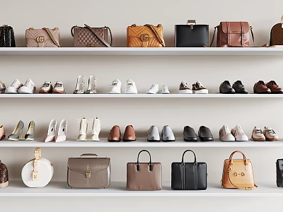 Fashionable Various Style Bags And Shoes Collection Displayed On White Shelves 3d model