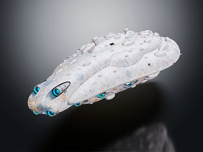 White Artistic Sculpture With Textured Holes And Blue Eye Like Structures On Reflective Base 3d model