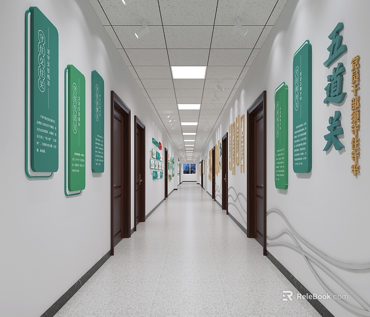 Office Corridor With Green Signboards Dark Doors White Ceiling Lights And Light Colored Tiled Floor 3d model 
