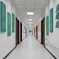 Office Corridor With Green Signboards Dark Doors White Ceiling Lights And Light Colored Tiled Floor