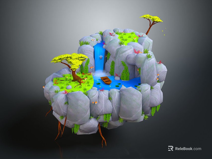 3D Floating Island Scene With Rocks Waterfall Pond Small Boat And Green Trees 3d model 
