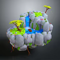 3D Floating Island Scene With Rocks Waterfall Pond Small Boat And Green Trees