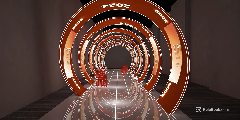 Futuristic Activity Passage With Red Circular Rings 2024 Text And Reflective Floor Lighting 3d model 