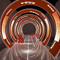 Futuristic Activity Passage With Red Circular Rings 2024 Text And Reflective Floor Lighting
