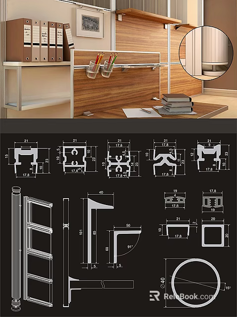 Wooden Display Shelf With Hooks Books Technical Design Schematics And Dimension Details 3d model 